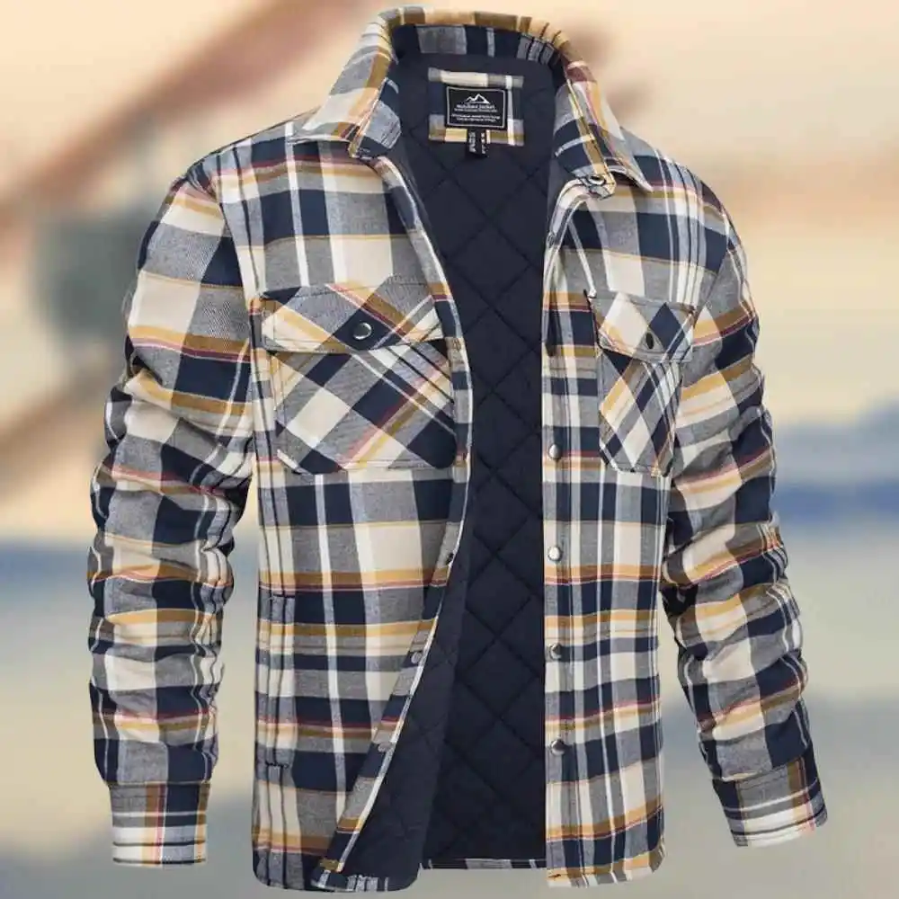 Men's Checkered Thick Shirt Long Swedish Collar Coat Winter Warm Fleece Lined European Style Jacket Striped Patterned Outerwear
