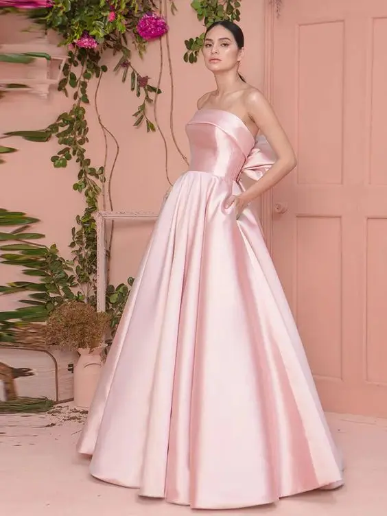 Satin Evening Dresses Pink Strapless Sleeveless with Bow Formal Party Elegant Prom Gowns Women Special Occasion Dress