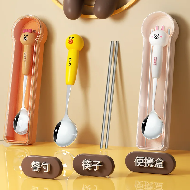 Line Friends Cartoon Brown Sally Cony 304 Stainless Steel Children's Chopsticks Spoon Portable Tableware Set Children's Gift