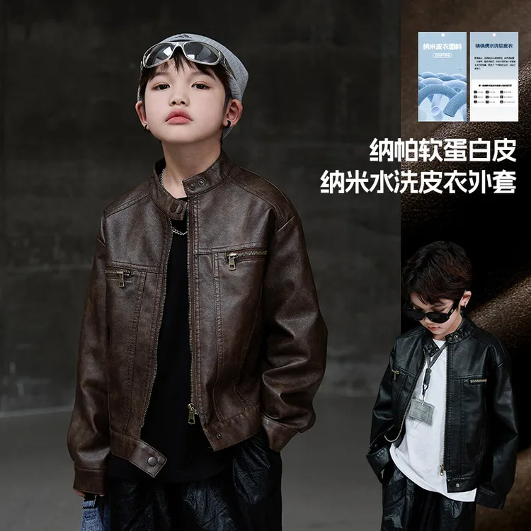 

2025 Autumn New Leather Jacket Stylish Cool Boy Coat Comfortable Soft Leather High Quality
