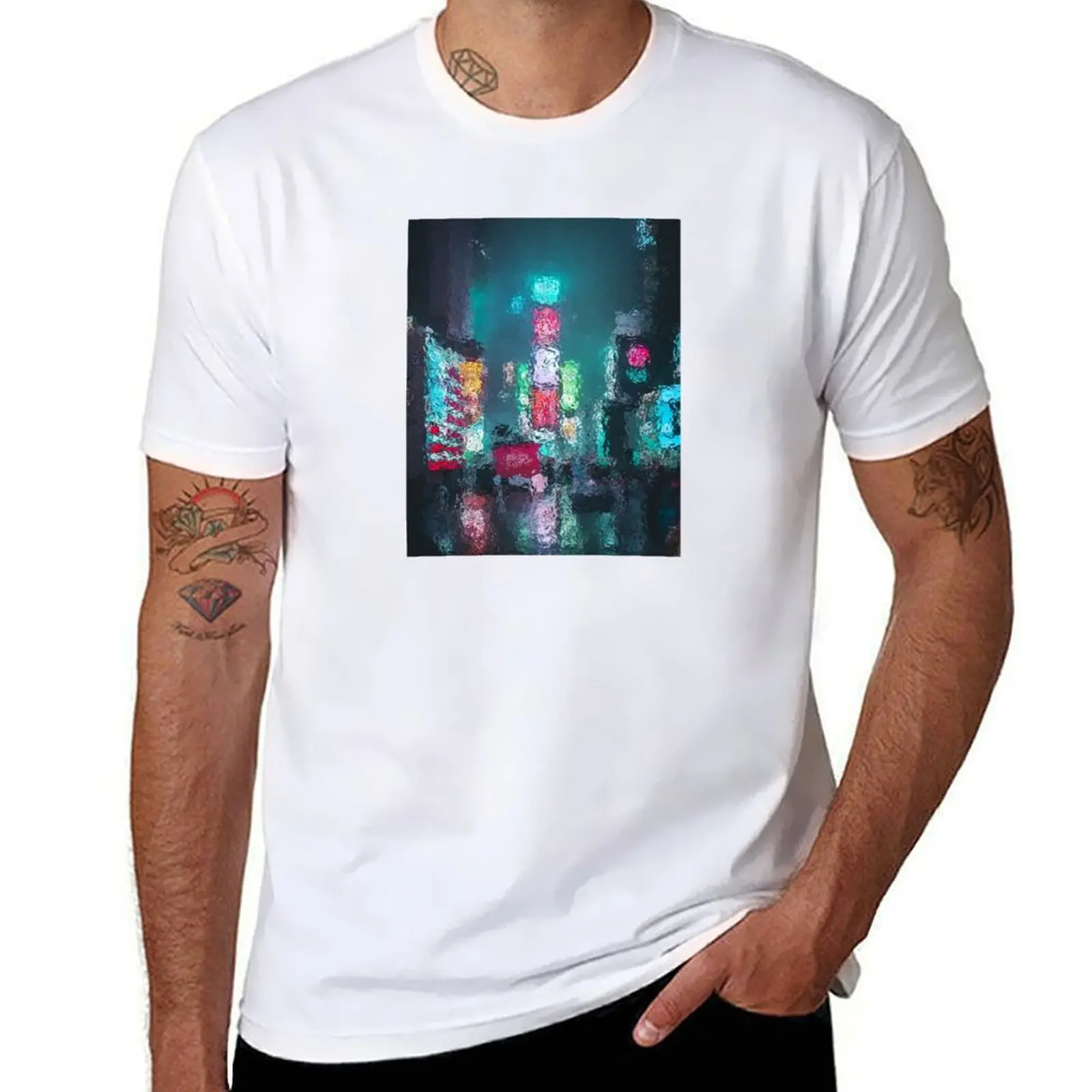 

rainy night downtown neon city T-Shirt t shirts for man graphic tees cotton t shirt man T-Shirt