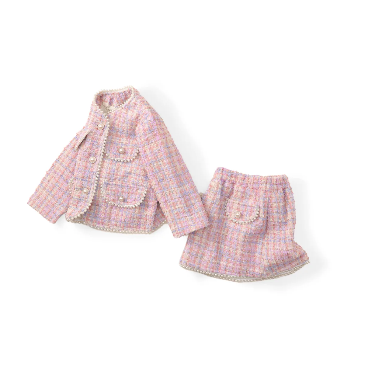 Autumn Winter Kids Girls 2PCS Clothes Set Cotton Padded Pearls Coat Plaid Fake Pocket Skirts Suit Toddler Girls Outfits