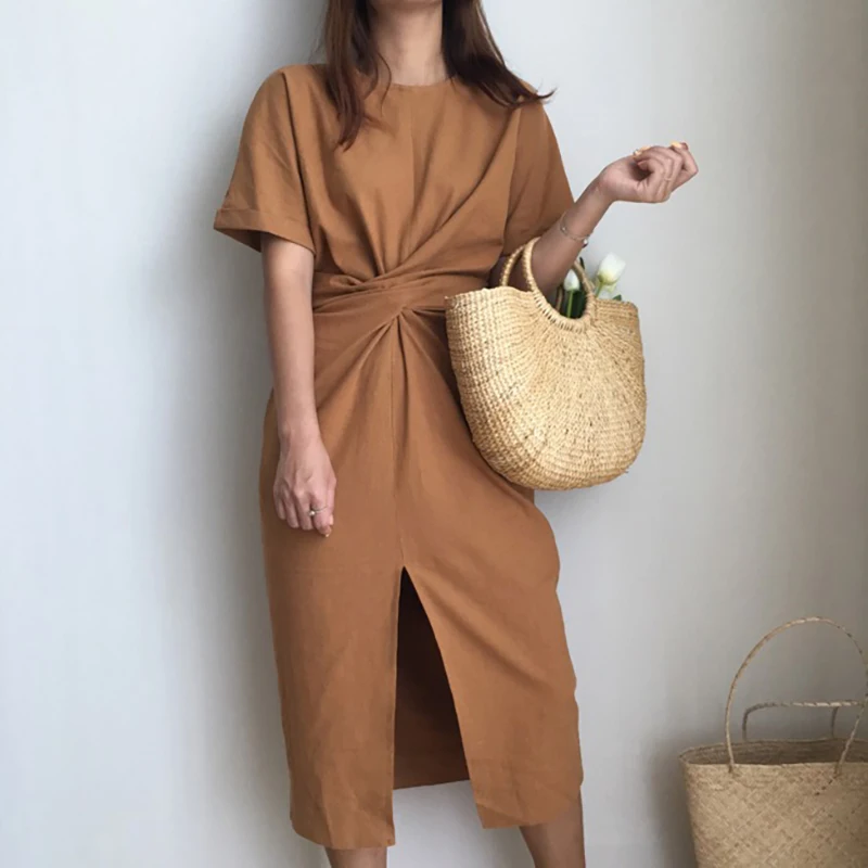 Women's Short Sleeve Bandage Split oversized Dresses 2024 Summer Casual Cotton Bodycon Vintage Long Dress Female Streetwear Ins