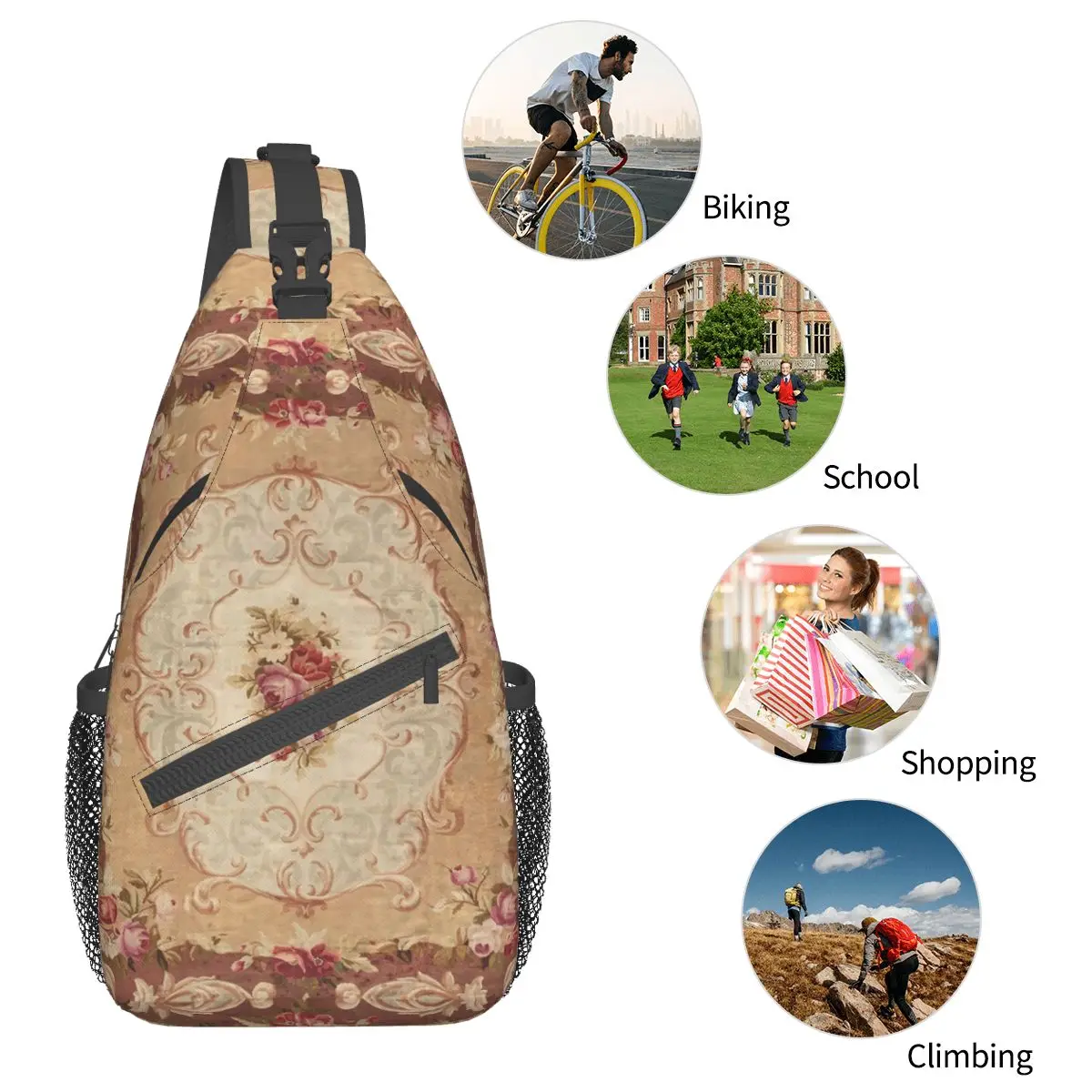 Antique Rose Floral Crossbody Sling Bags, Aubusson Mochila de Ombro, Saco Peito Pequeno, Mochila de Viagem, Caminhadas, Ciclismo, Bookbag