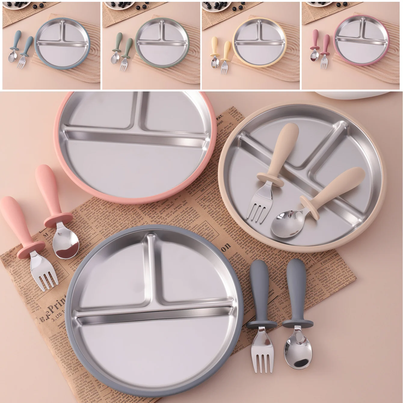 

Color Kids 3PCS Stainless Steel Feeding Set Divided Plates With Silicone Sucker Toddler Training Fork Spoon BPA Free Tableware