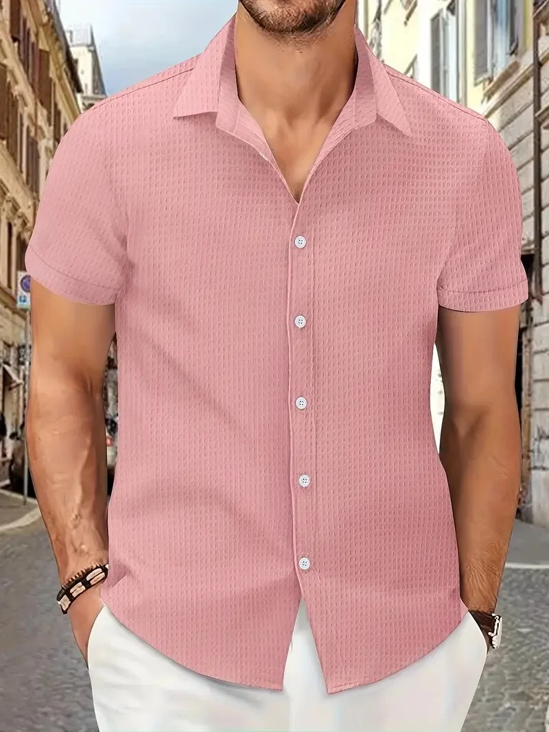 2024 Summer men's casual casual trend Solid color cardigan small plaid jacquard short-sleeved shirt