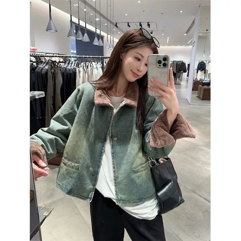 

Джинсовые пальто для женщин, длинные меховые плюшевые женские осенние скульптурные пошивные элегантные консервативные стильные дышащие воротники-стойки для городских поездок