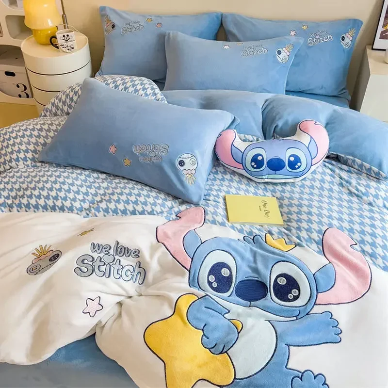 Disney Stitch Cartoon Cute, Comfortable and Soft Sheets and Quilt Covers Double-Sided Thickened Milk Velvet Bed Four-piece Set