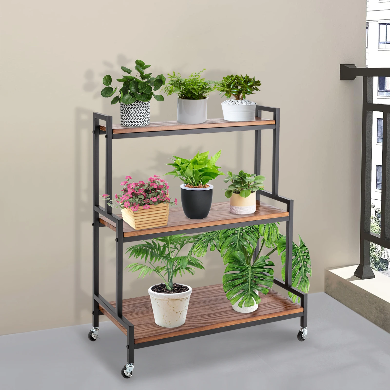 Rustic Plant Stand with Wheels Rolling Plant Shelves Rack Indoor Outdoor Metal Plant Stand with Solid Wood for Multiple Plants