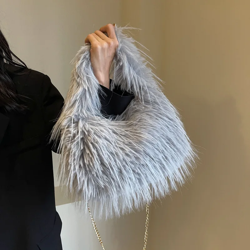 2024 Winter New Faux Fur Handbag Trendy Fuzzy Long Tassel Plush Shoulder Bag Fashion Female Furry Purse Tote Handbag Sac A Main