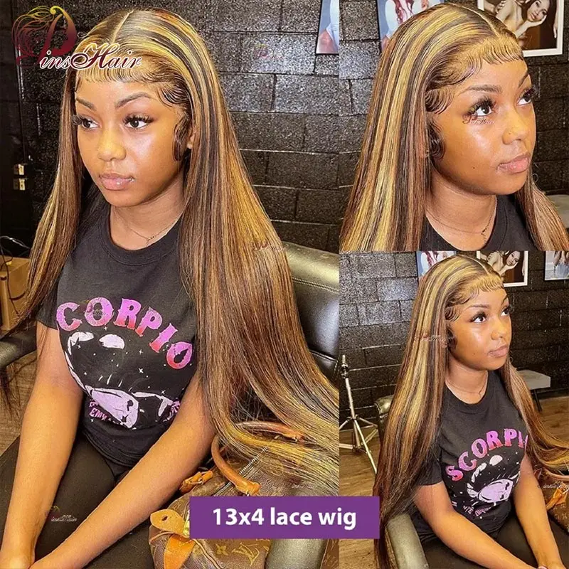 Honey Blonde Straight Lace Frontal Human Hair Wigs P4/27 Colored Highlight 13X6 Lace Frontal Wig Remy Hair Pre Plucked For Womem