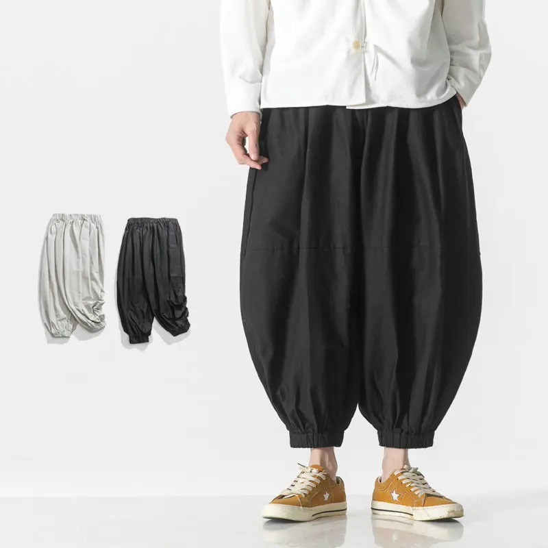 Calça de harém de linho respirável masculina, monocromática, calça larga, preta, cinza, nova moda de rua, primavera, verão, 2022