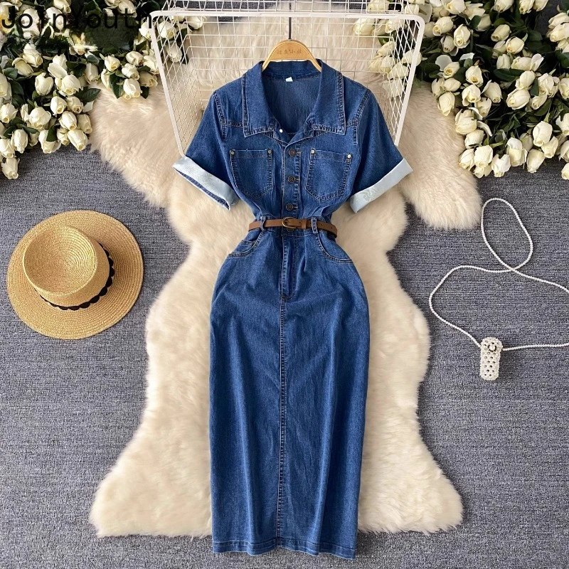 Korean Simple Denim Dress for Women 2024 Summer Robe Femme New Slim Waist Split Casual Dresses Y2k Short Sleeve Vestidos Mujer