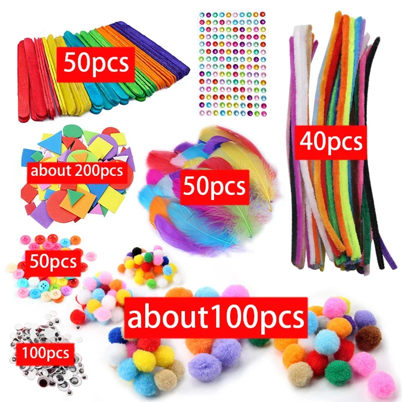 Pompons créatifs en peluche pour enfants, couleurs arc-en-ciel, autocollants yeux en plumes, jouets éducatifs de bricolage, artisanat d'art fait à la main, jouets de développement