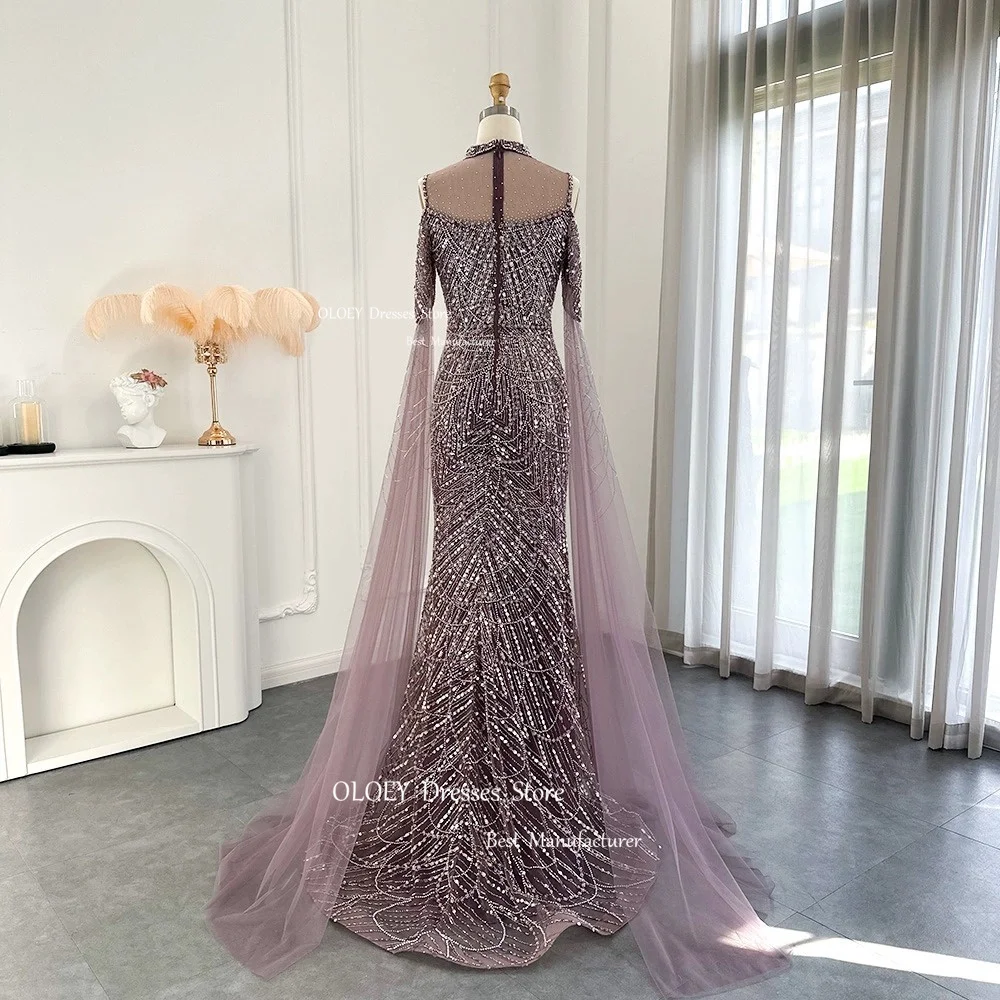 OLOEY Exquisite Beading Lace Evening Dresses O Neck Long Sleeves Arabic Women Wedding Party Dresses Prom Gowns Custom Made