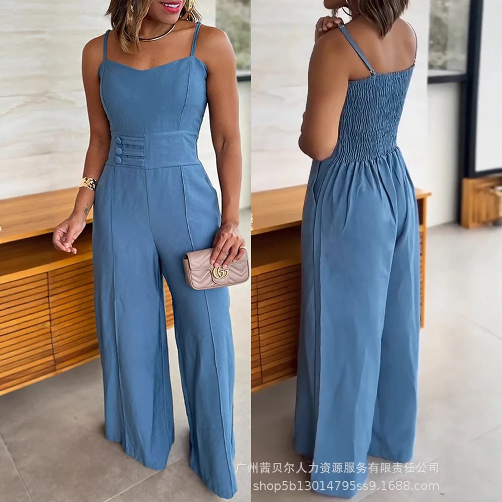 レディース オールインワン パンツ ルーズ レイクブルー ウエストバックルデザイン ストラップ スリムフィット ワイドレッグ ジャンプスーツ