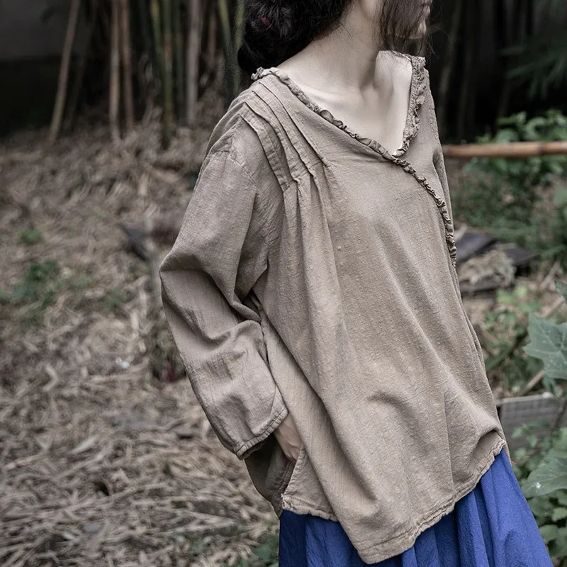 

Retro design organ pleated pullover T-shirt cotton and linen loose and thin V-neck lace top fashionable and casual versatile sim