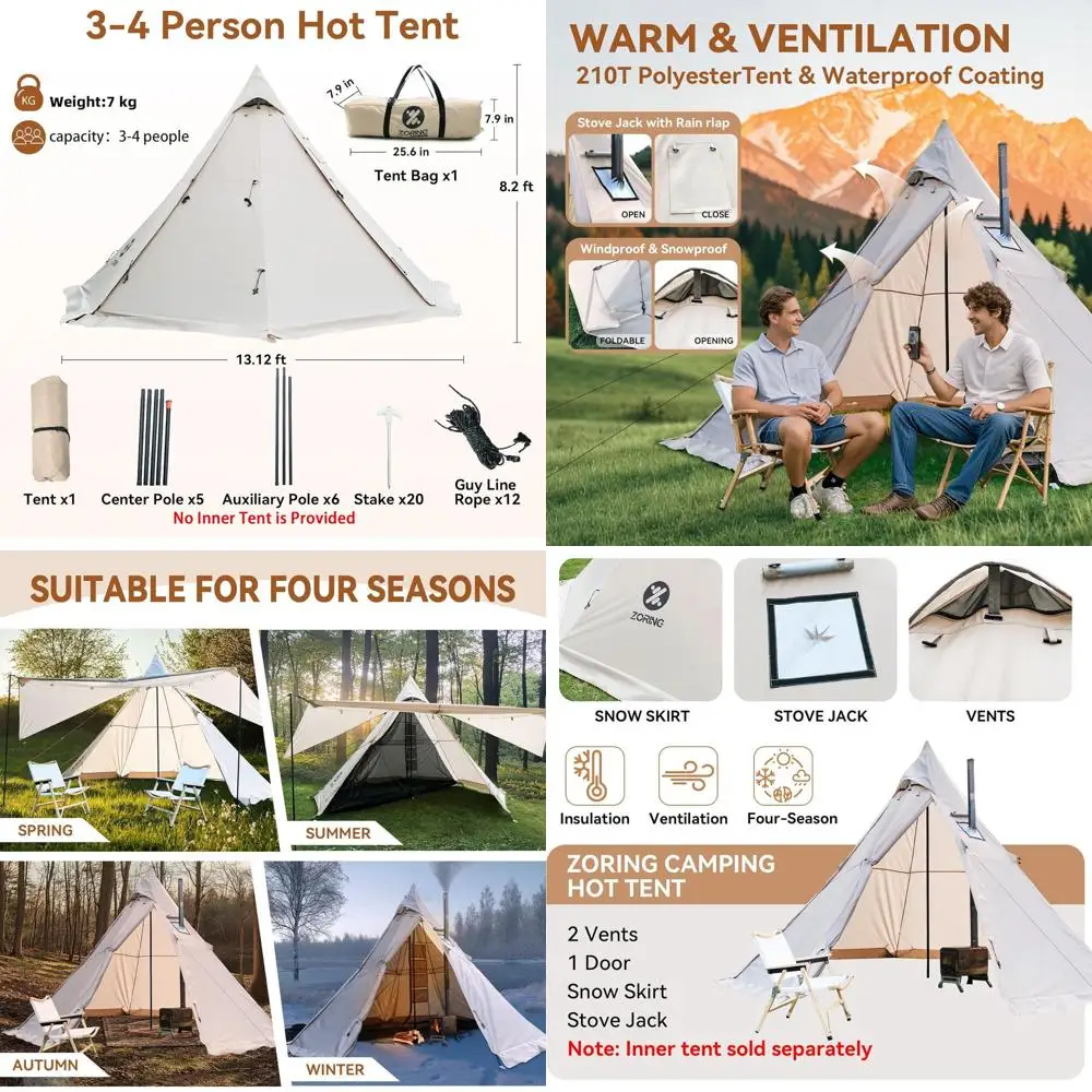 

4-Season 3-4 Person Tipi Tent with Stove Jack, 8.2ft Standing Height, Snow Skirt for Camping, Hiking, and Outdoor Adventures