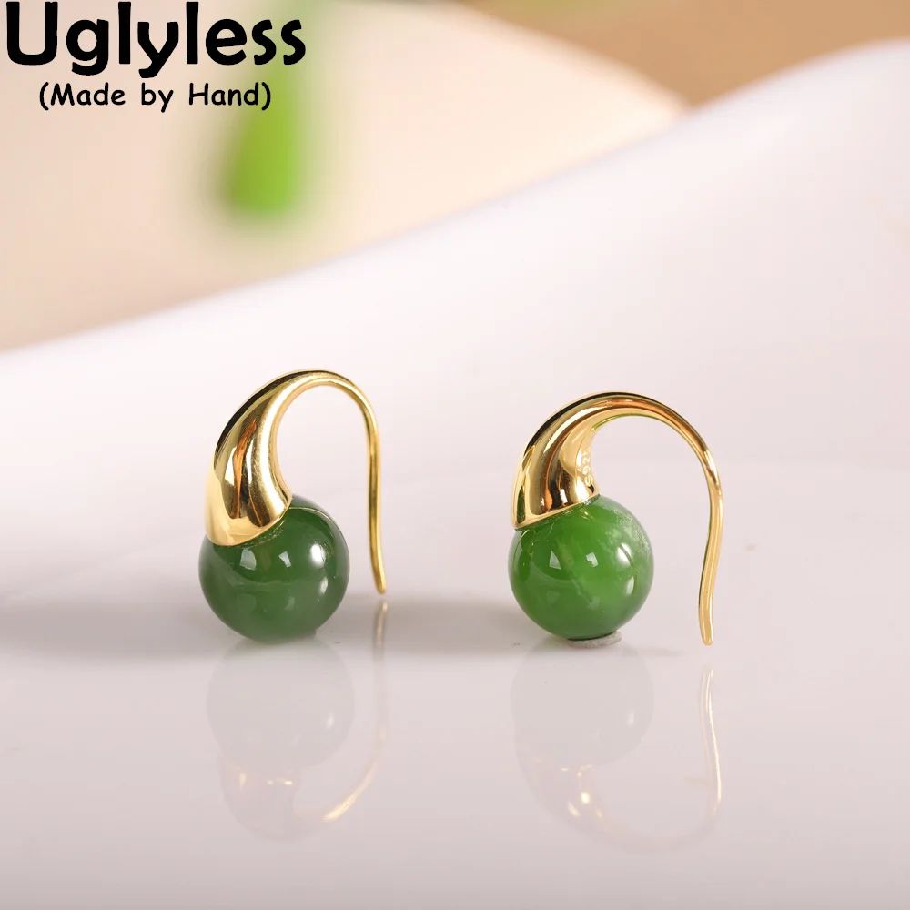 Uglyless Funny Curved Gemstones Candy Balls Earrings Women Nature Agate Green Jade Jasper Earring Gold Plated 925 Silver Brinco