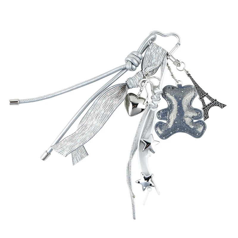 Colorful Leather Braided Rope Keychain Little Bear Charm Pendant Keyring Fashion Simple All-matching Bag Decoration Accessories