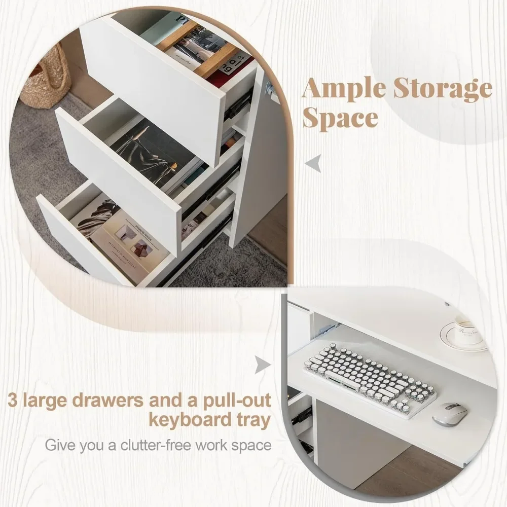"مكتب كمبيوتر أبيض مع مخرج طاقة مدمج - تصميم مكتبي حديث مع صينية لوحة مفاتيح و3 أدراج واسعة، كتابة 42 بوصة