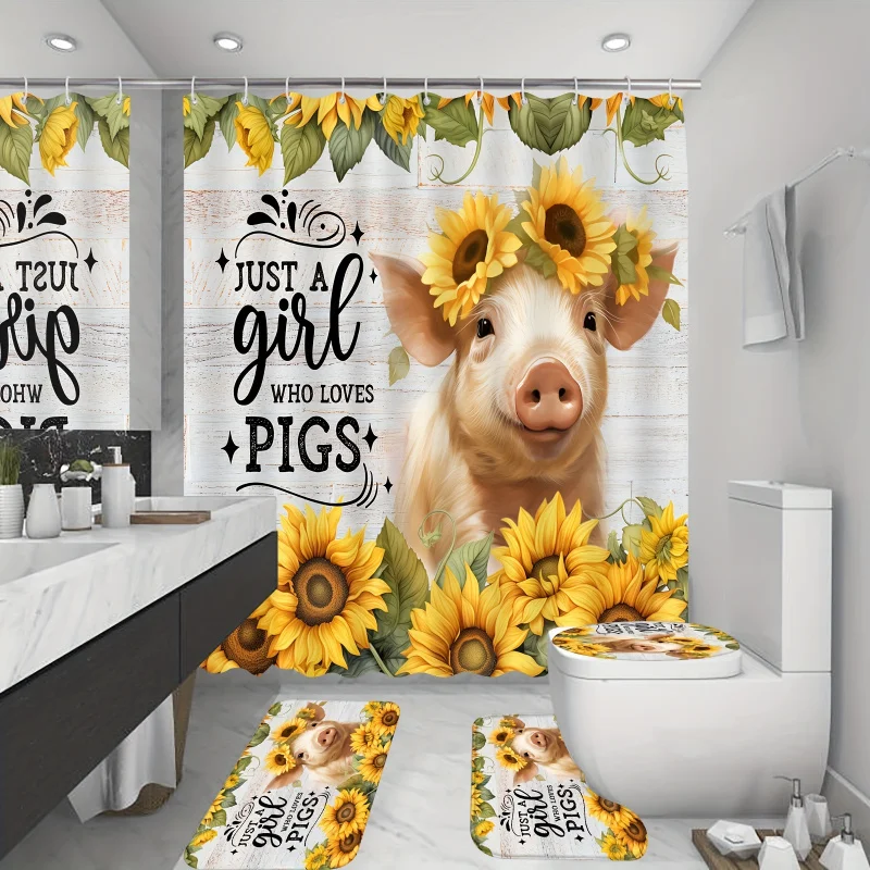 

4pc Sunflowers Pig Pattern Shower Curtain Set, Cute Pig Shower Curtains For Bathroom, Waterproof Shower Curtain With 12 Hooks,