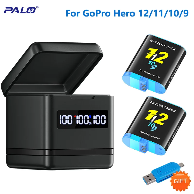 PALO 2000mAh Camera Battery for GoPro Hero 12 11 10 9 Battery 3 Ways Fast Charger Box TF Card Storage for GoPro Hero Accessories
