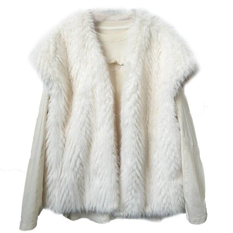 Abrigos de piel sintética de zorro para mujer, abrigo de longitud media, chalecos gruesos y cálidos, ropa de calle Y2k, prendas de vestir exteriores de punto abierto con empalme elegante, Otoño e Invierno 2025