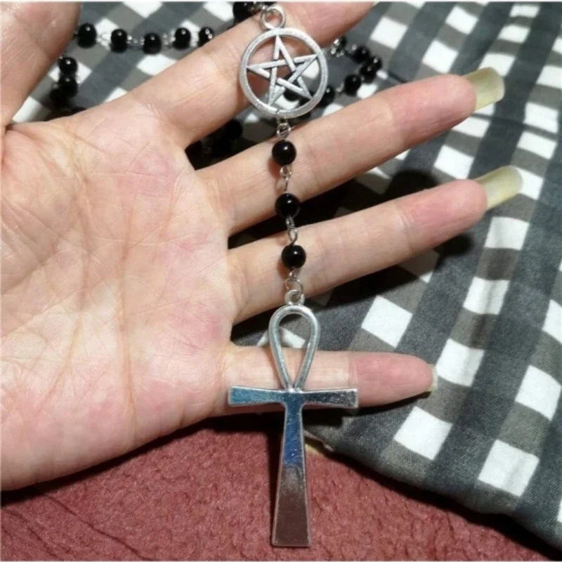 5Pcs Gothic Cross Heart Pendant Necklace Set Black Beads Wax Rope Chain Y2K Dark Punk Jewelry
