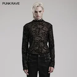 PUNK RAVE Men's Gothic Handsome Slim Perspective Printed Mesh T-shirt Dark Sexy Flocked Casual Tops Streetwear Four Seasons