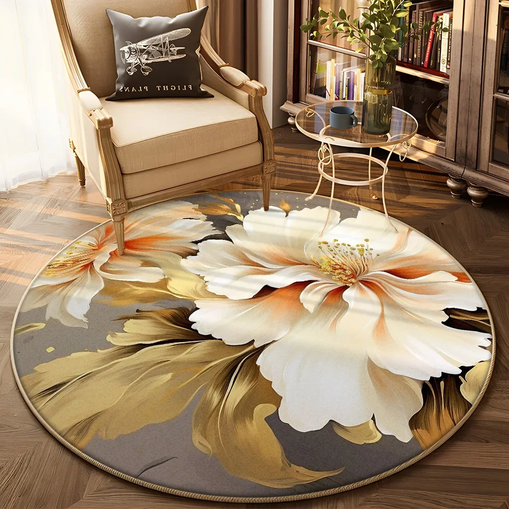 Luxury Floral Patterned Round Rug with 3D Gold - Accented Flowers Floor Mat for Living Room Decor Adding Elegant Artistic Flair