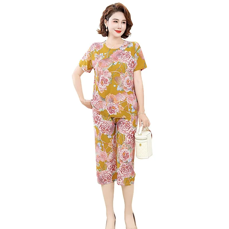 Middle-aged and Elderly Women Summer Short Sleeve Floral Print Loose  T-shirt Top Wide-leg Pant 2PCS Set Mother suit