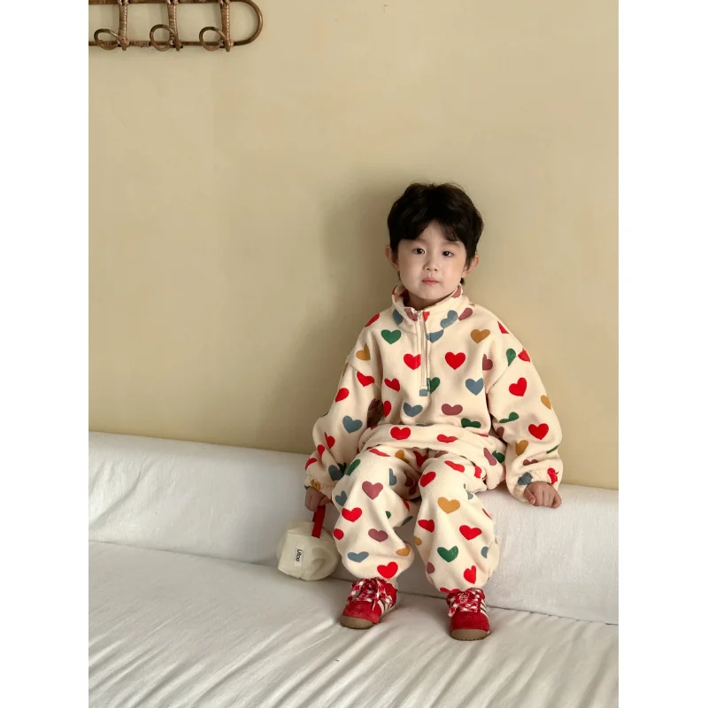 Children's Autumn and Winter Outfit for Boys with Fleece Lining for Warmth2026New girls' sports casual sweatshirt two-piece set