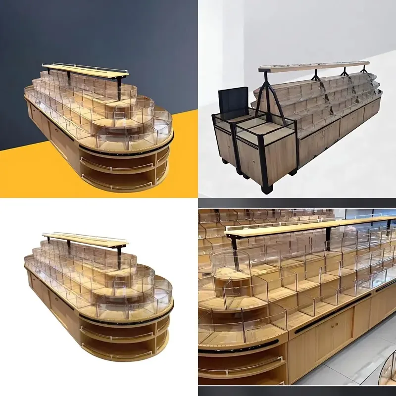 Supermarket Shelf Double Sided Display Rack Convenience Store Steel Wood Grain Bulk Snack Food Cabinet