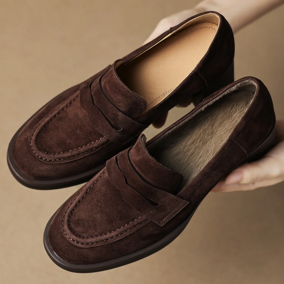 حذاء شتوي نسائي من Danxuefei مصنوع من جلد الغزال الطبيعي بمقدمة مستديرة سهل الارتداء عالي الجودة ناعم 6 سم بكعب عالٍ من فراء الأرانب #3