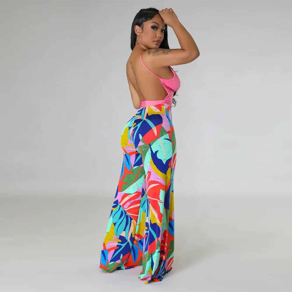 Women Patchwork Spaghetti Strap Backless Sleeveless Jumpsuit Sexy Deep V Summer Beach Wear Wide-Leg Pants Jumpsuit