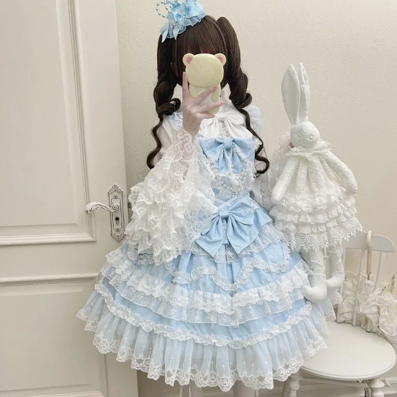 Japanese Vintage Kawaii Lolita Dress Women Party Dress Sweet Lace Bow Birthdays Cake Dresses Harajuku Y2k Bandage Dresses Платье