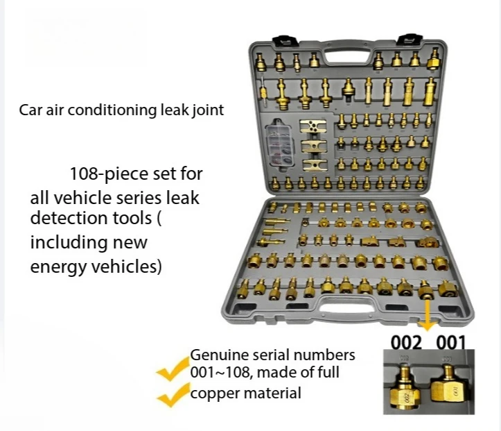 108-teiliges Auto-Klimaanlagen-Lecktest-Adapter-Set aus reinem Kupfer, universell für EU, Asien, USA, Auto-Klimaanlagen-Lecksuche- und Reparaturwerkzeug-Set