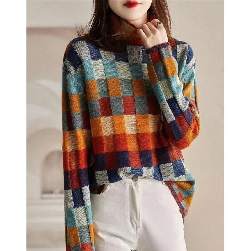 Colorful Checkerboard Wool Knit Sweater Autumn and Winter Women's Fashion High Neck Lazy Style Slim Elastic Outer Casual Sweater