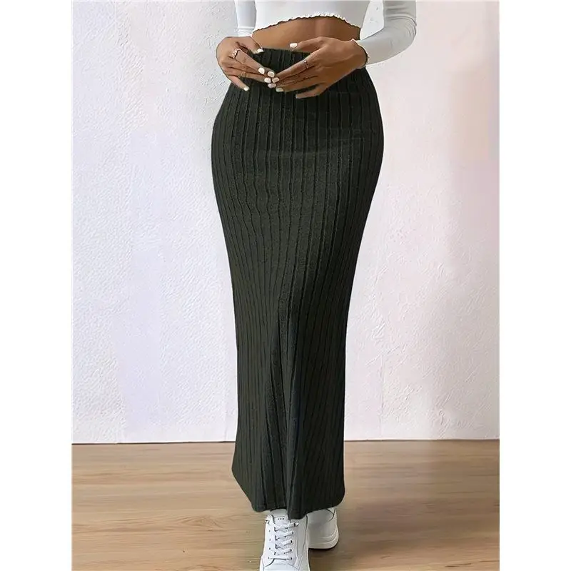 ABRW-Female's Solid High Waist Split Side Rock Lässige gestrickte Maxiröcke Bequemes, figurbetontes Kleid