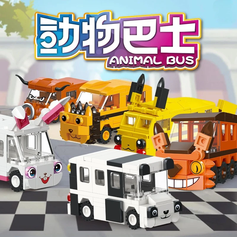 

92308 Animal Bus Car Set: Build a DIY assembled car with small plastic building blocks