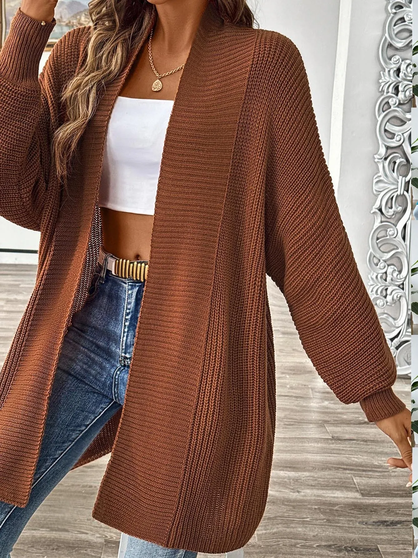 

Женский свободный кардиган с V-образным вырезом, однотонный, осенне-зимний, вязаный, с открытым передом, длинными рукавами, теплый, термо, в уличном стиле