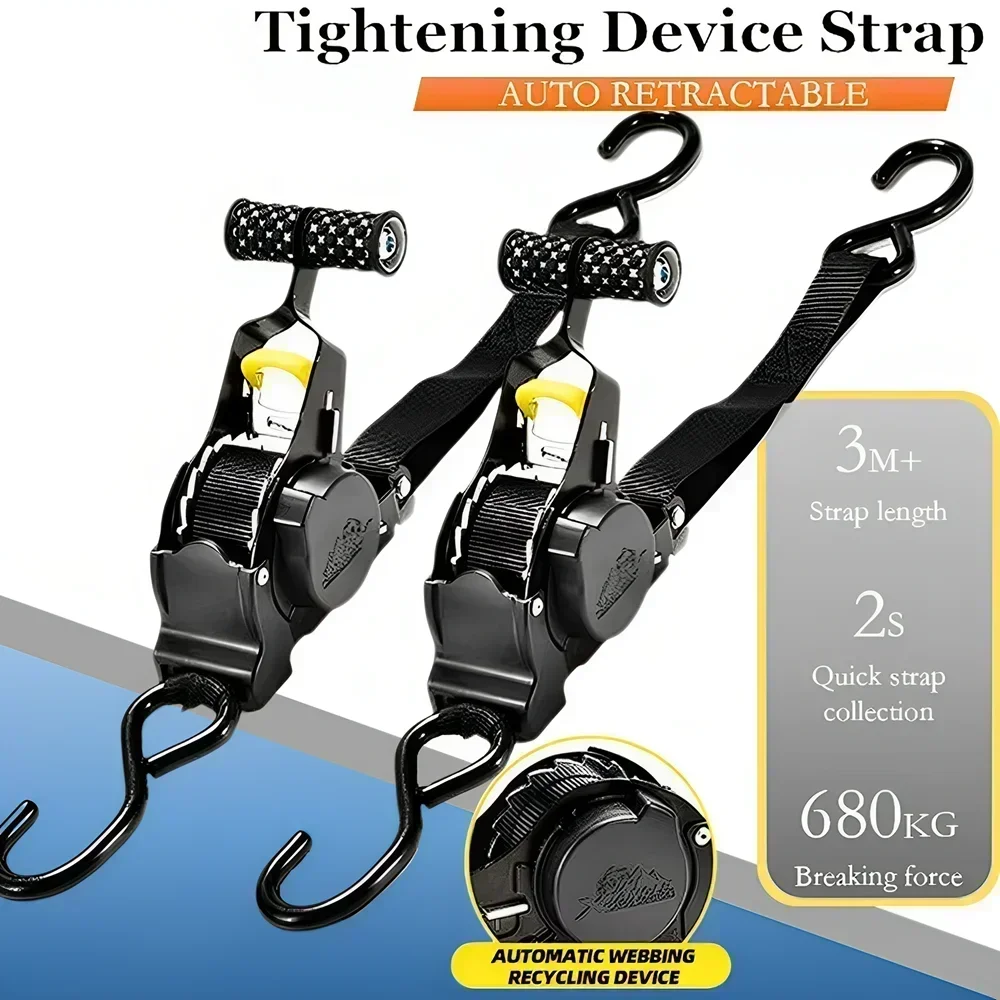 Heavy‑Duty Auto Retractable Ratchet Tensile Strength Automatic Roll‑Up Tie‑Down Straps for Motorcycle Pickup Truck Cargo Fixing
