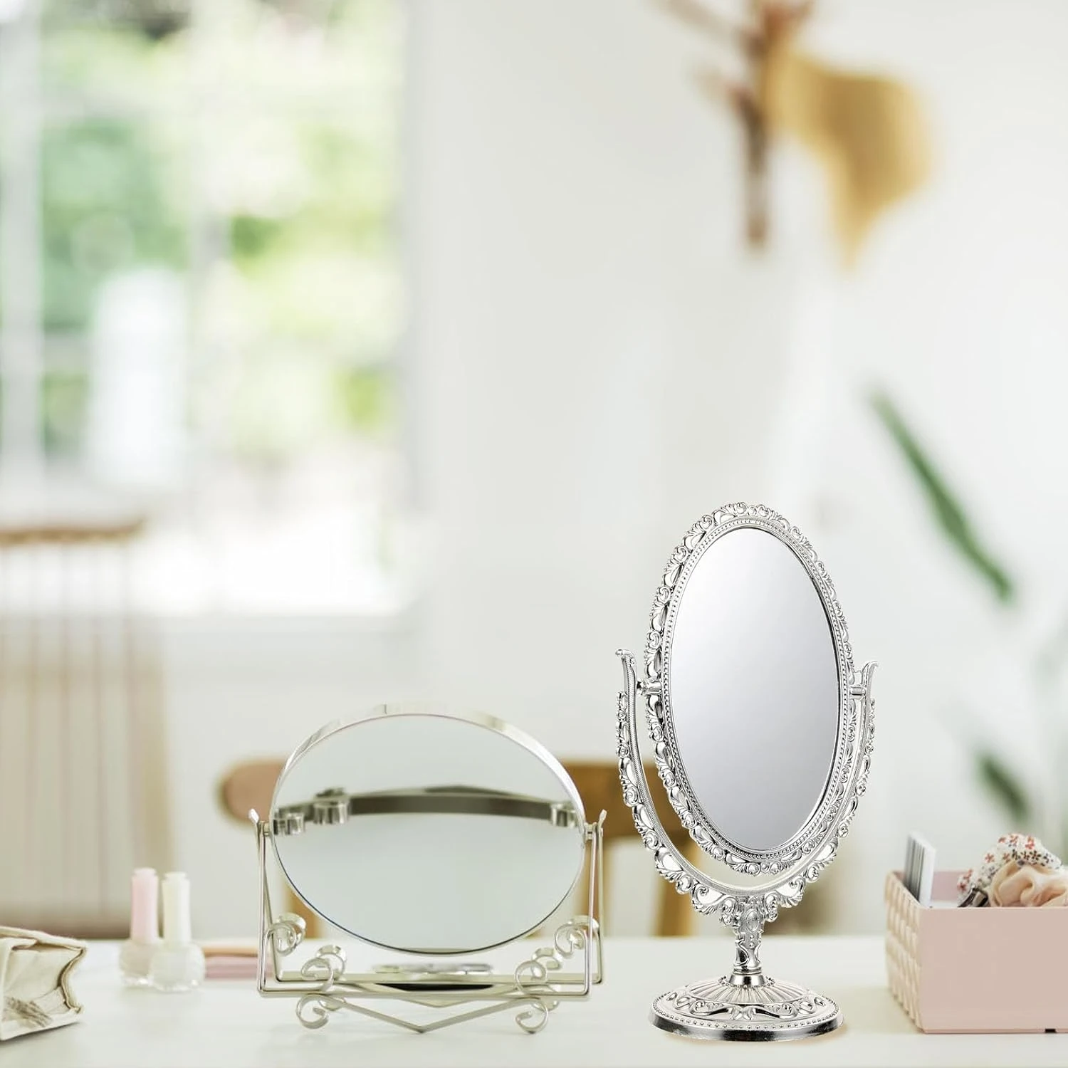 Vintage Silver Tabletop Makeup Mirror - Double-Sided, Swivel Stand, Oval Frame, Stylish and Elegant Cosmetic Mirror for Bathroom