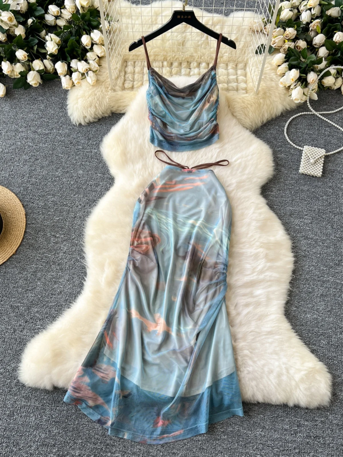 Conjunto de Moda Fena Pure Desire Vaion: Top Curto com Alças e Saia Midi Psada de Malha Justa de Cintura Alta com D...