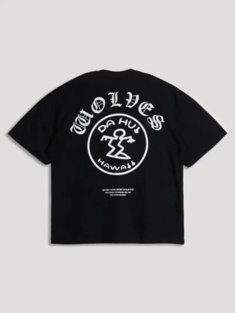 US SIZE Men's Wolves&Da Hui Hawaii Print T-shirt 100% Cotton Oversized Streetwear Summer Casual Short Sleeve Tee Shirts