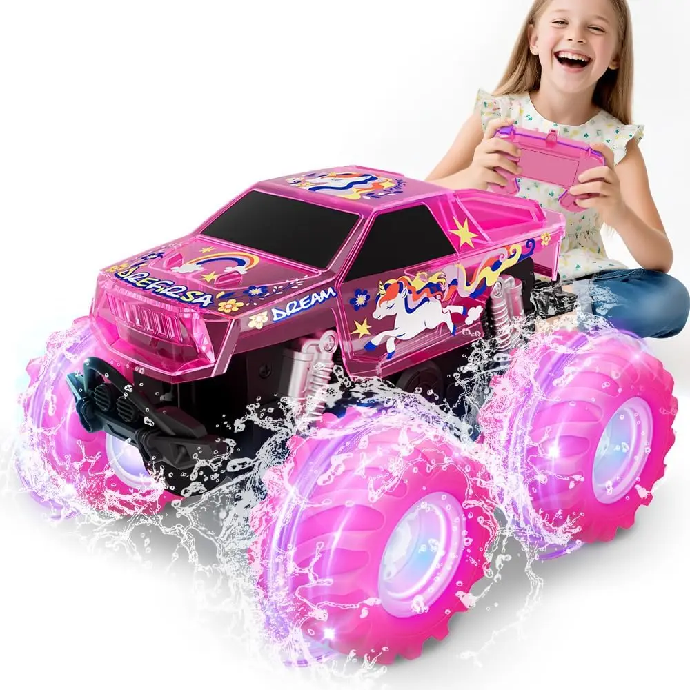 

Pink Monster Truck Unicorn Remote Control Car 4WD All Terrain Off-Road Girl RC Toy with Colorful Light Waterproof Birthday Gift