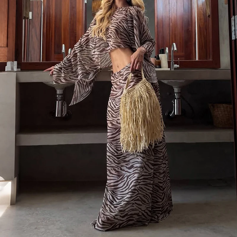 Zebra Print Asymmetrical Sexy Outfit Retro Vacation Two Piece Set Ladies Diagonal Collar Long Sleeved Top and Skirt Autumn Suit