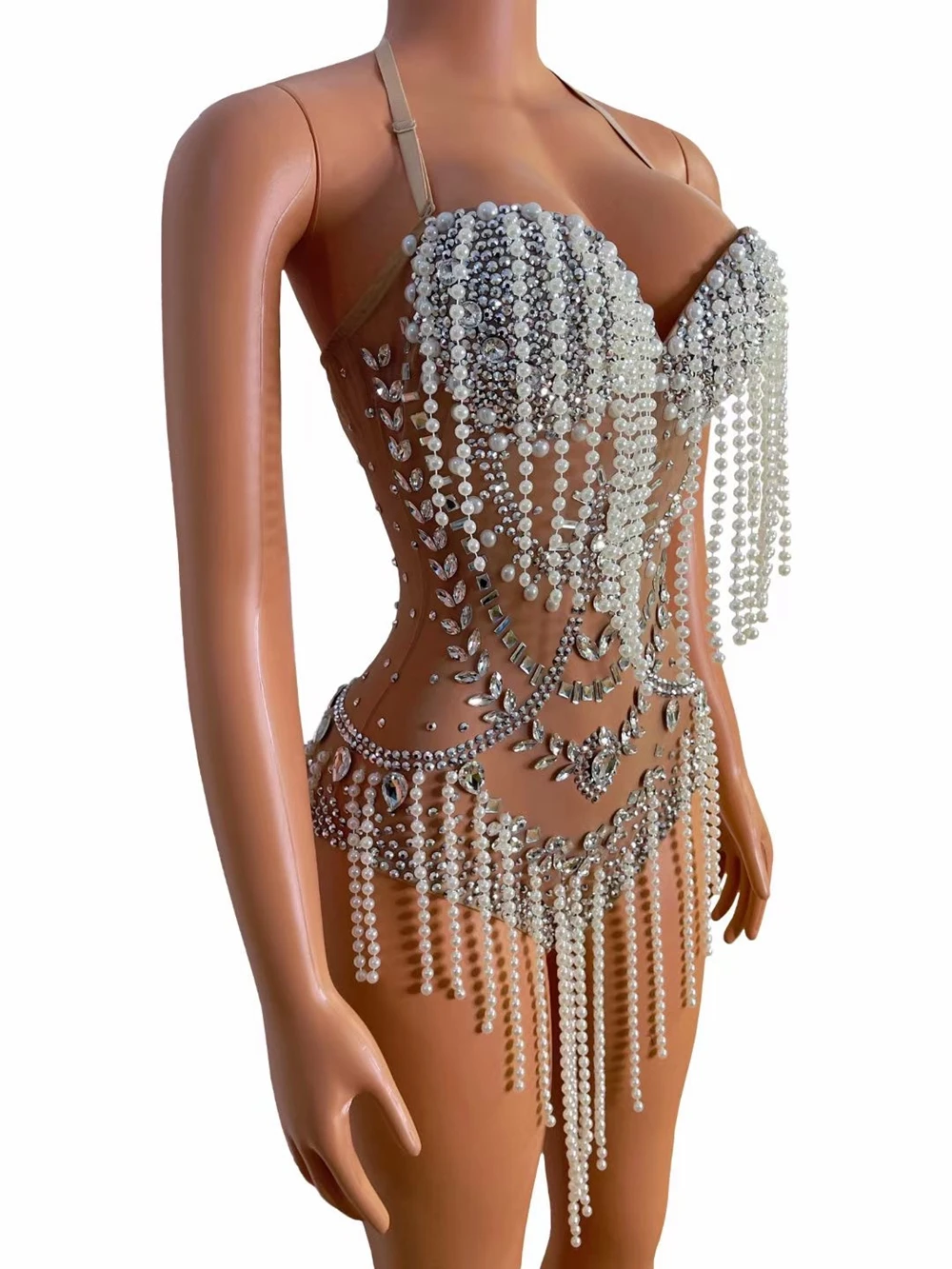 Sparkly Silver Rhinestones Pearls Fringes Bodysuit Sexy See Through Performance Show Leotard Birthday Outfit Party Dance Costume