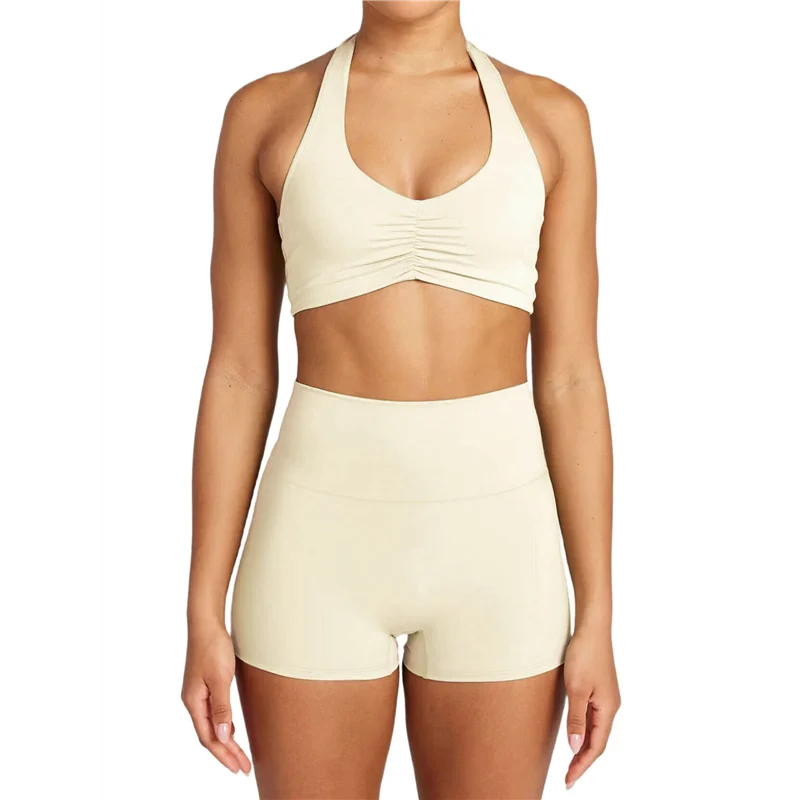 

A83F-Workout Sets For Women 2 Piece Wrinkles Halter Sports Bras High Waist Biker Shorts Exercise Gym Yoga Outfit